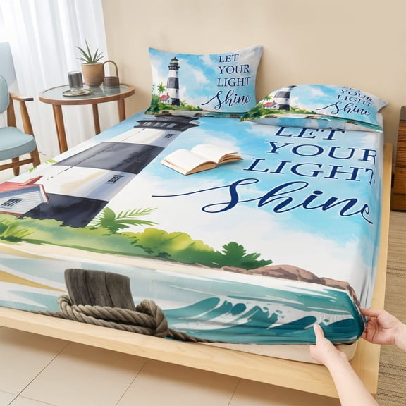 Full Size Fitted Sheet Set - Lighthouse 3 Piece Bedding Sets 16" Deep Pocket Fitted Sheet with 2 Pillowcases Blue Coastal Nautical Ocean Beach Palm Tree Brushed Microfiber Hotel Luxury Bed Sheets