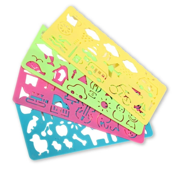 Injueey Juego de plantillas de dibujo de estilo de dibujos animados portátiles de 4 piezas, regla, símbolos gráficos adorables, patrón de tablero de pinturas 4 piezas