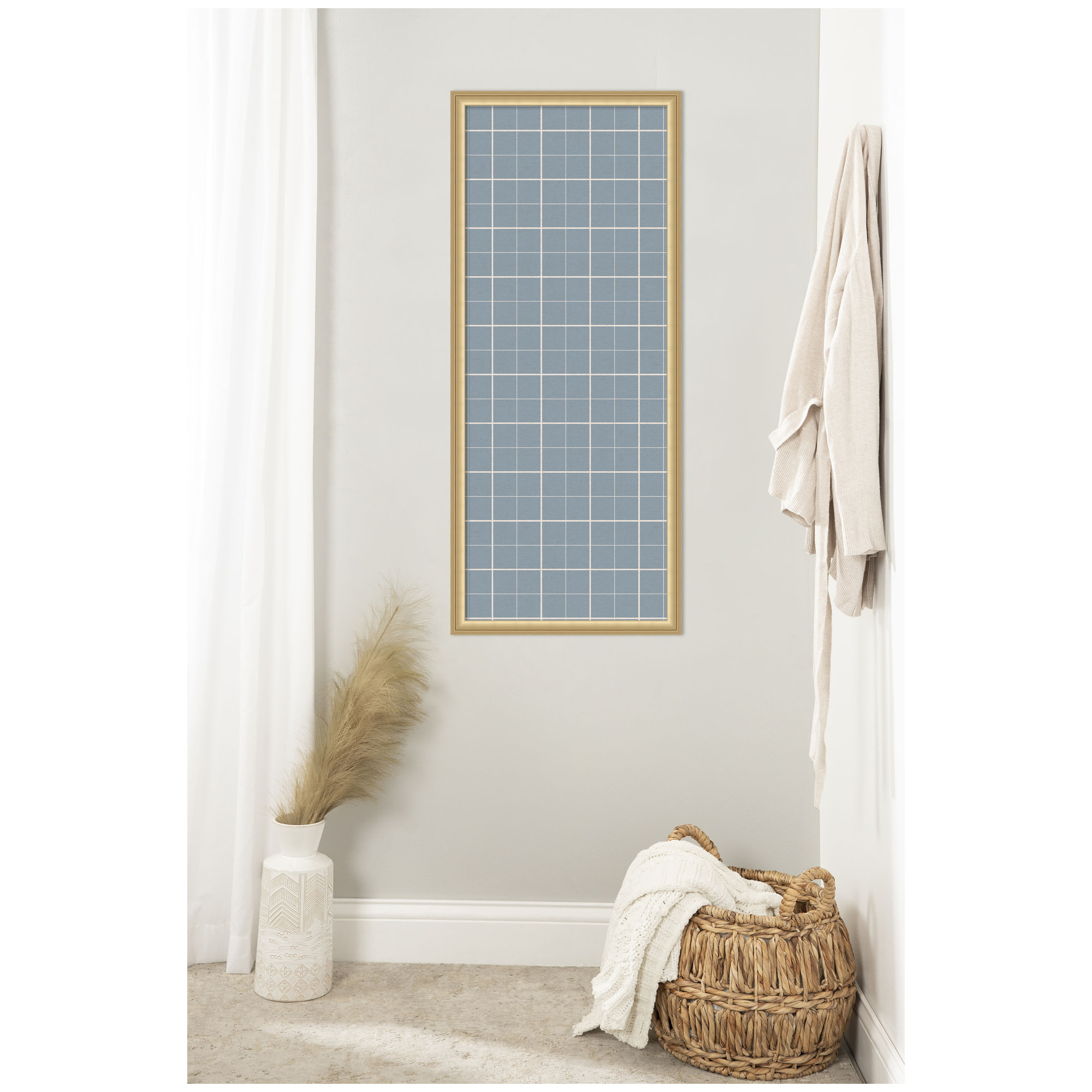 Kate and Laurel Framed Fabric Pinboard 18 x 42, Light Blue Plaid Printed Linen Classic Bulletin Board for Use as a Vision Board or Wall Organization, Florence Gold Frame