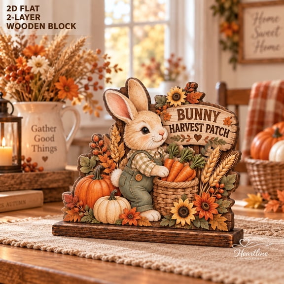 Bunny Harvest Patch 2-Layer Wooden Block Autumn Tabletop Decor