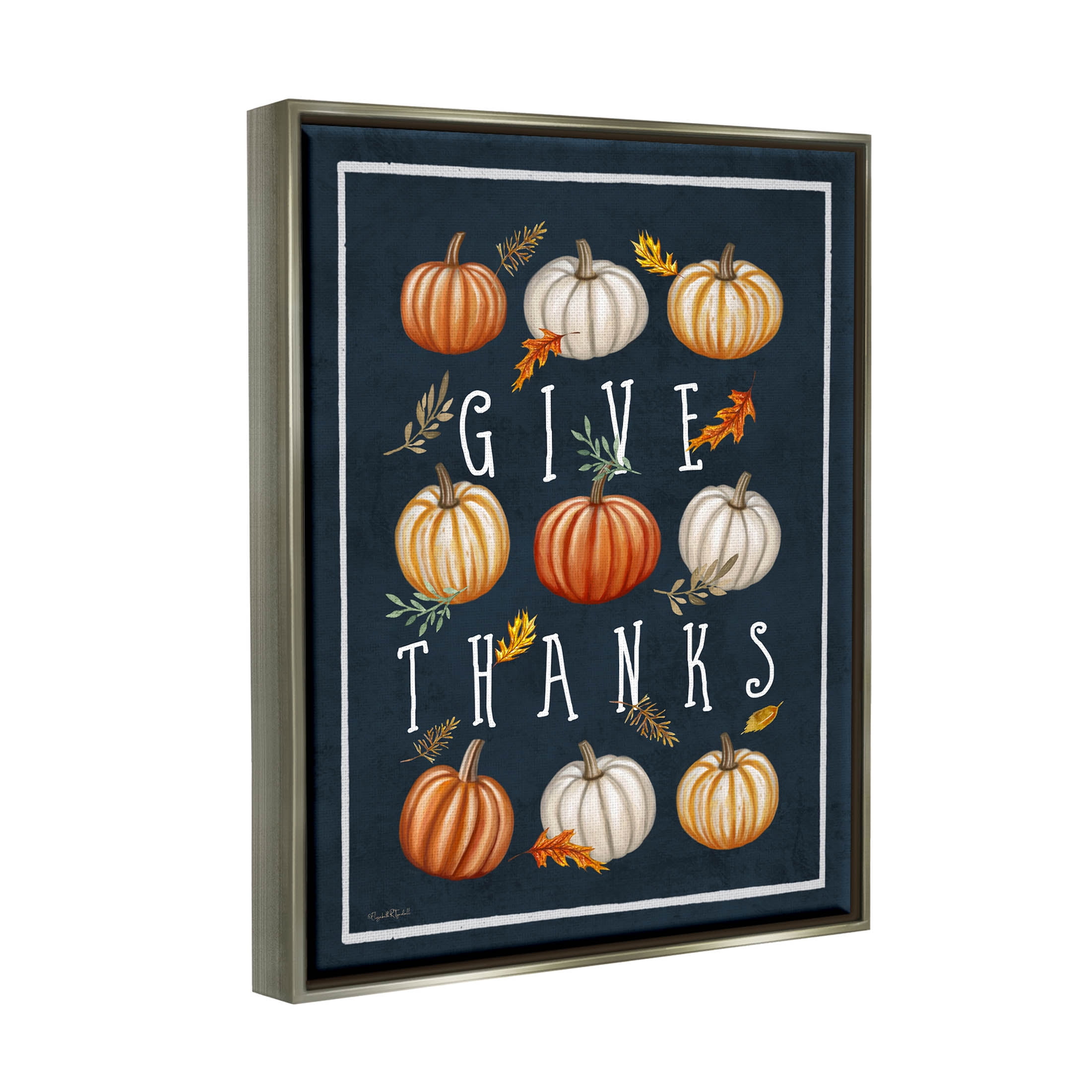 Stupell Industries Give Thanks Autumn Pumpkins Graphic Art Luster Gray Floating Framed Canvas Print Wall Art, Design by Elizabeth Tyndall
