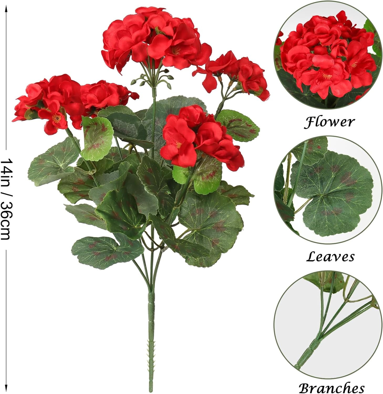 9 Pcs 14'' Artificial Geranium Silk Flower Outdoor UV Resistant Garden Plants Bush Faux Flowers for Home Wedding Kitchen Table Centerpieces Decor (Red)