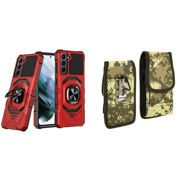 Case with Belt Holster Bundle for Samsung Galaxy S22 Ultra: Heavy Duty Shield Cover (Red) and Vertical Rugged Nylon Phone Pouch (Digital Camo)