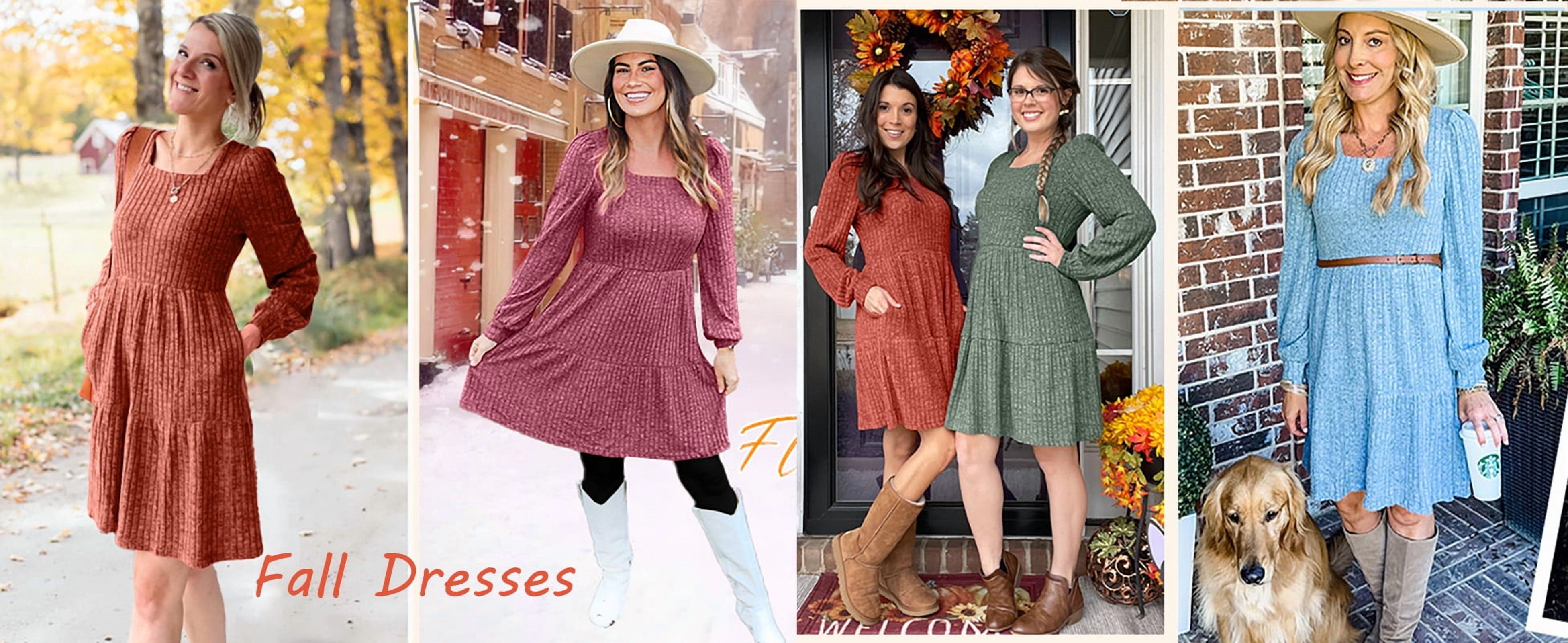 Fantaslook Fall Dresses for Women Square Neck Long Sleeve Dresses Casual Babydoll Sweater Dress