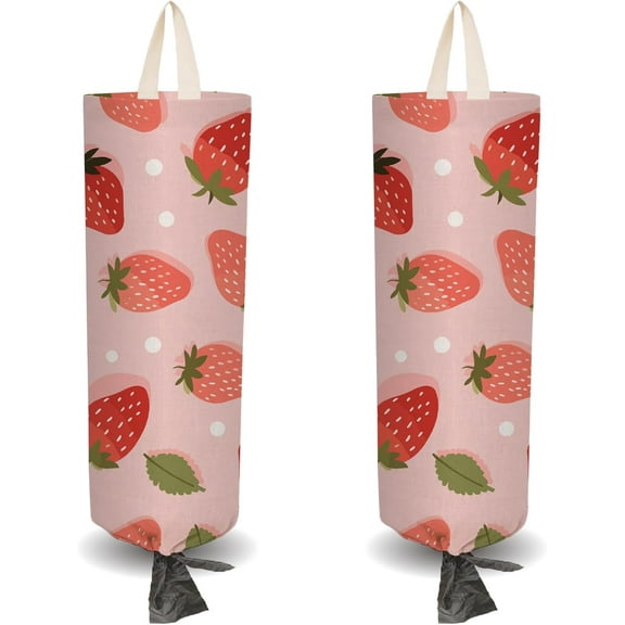2Pcs Cute Strawberry Plastic Grocery Bag Holder with 4Pcs Hooks Reusable Wall Mount Heavy Duty Shopping Storage Bag Sack Organizer Dispenser for Home Kitchen Store Colorful