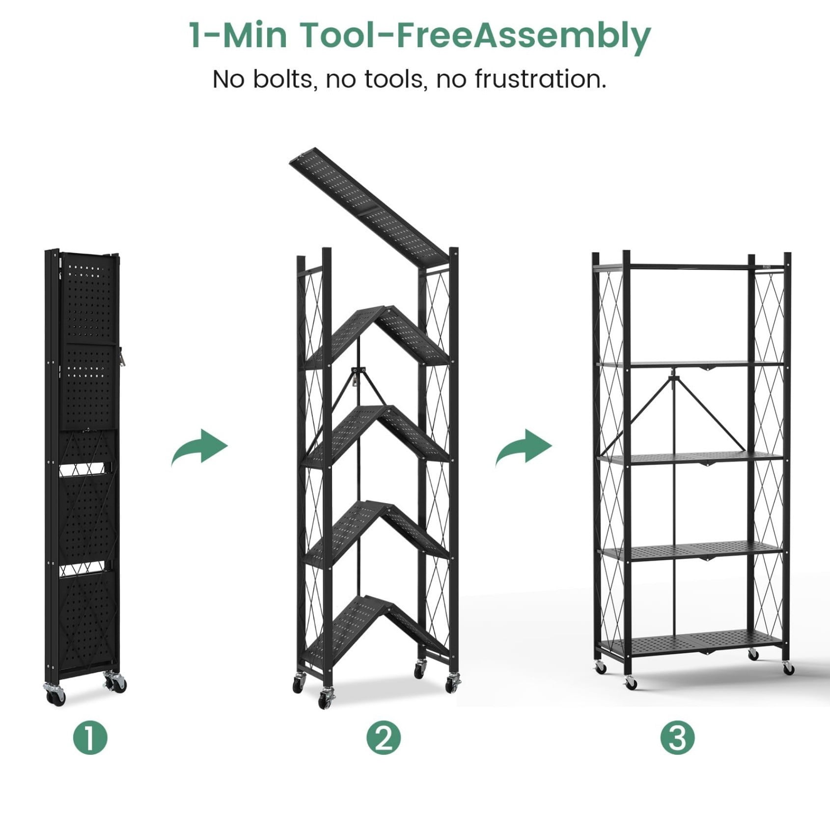 62"H 5-Tier Heavy Duty Storage Shelving Unit with Wheels, Foldable Metal Wire Rack Organizer for Garage Kitchen Pantry Basement, Black