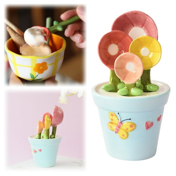 Tableware Ceramic Measuring Spoon Set with Flower Pot Design | Decorative Floral Kitchen Utensils for Home | Unique and Cute Measuring Tools