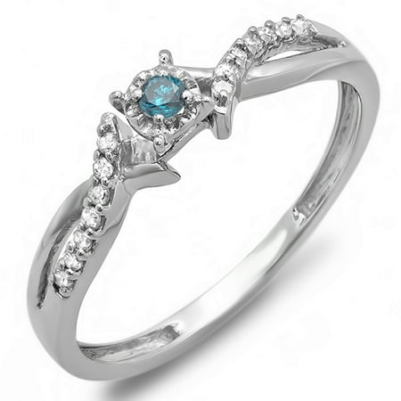 - 0.15 Carat (ctw) 18k White Gold Blue And White Diamond Crossover Split Shank Bridal Promise Ring 1/6 CT