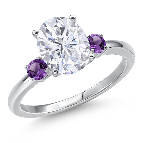 Gem Stone King 14K White Gold White Moissanite and Purple Amethyst Engagement Ring for Women | 3.20 Cttw | Oval 10X8MM | Gemstone Birthstone | Size 7