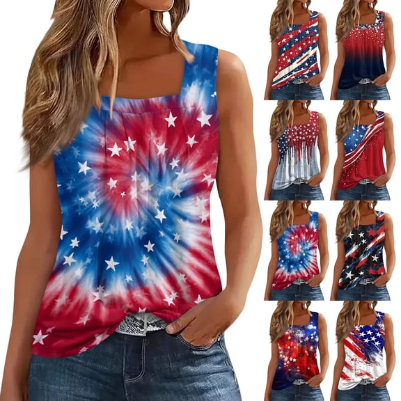 250th Anniversary Tank Tops for Women 2026 - Patriotic Tie-Dye Square Neck Sleeveless Tees - 1776-2026 USA Star Print Casual Summer Blouse Blue L