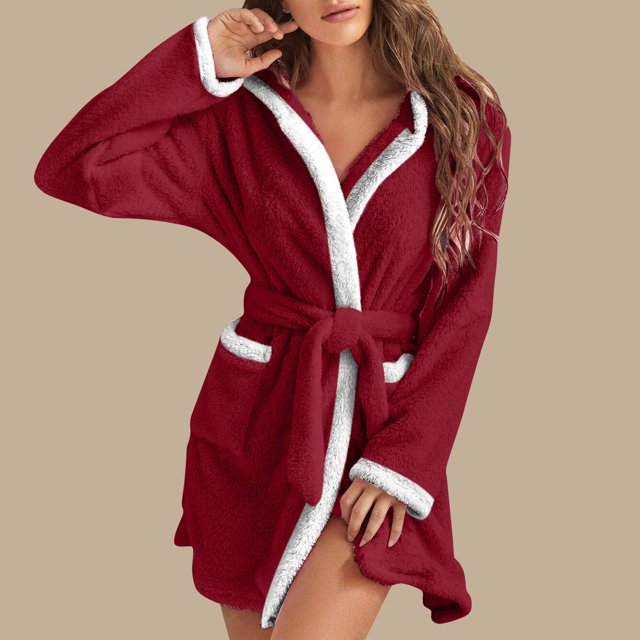 RXIRUCGD Mode Robe de Nuit Décontractée Unie à Manches Longues pour Femmes avec Poches en Velours Synthétique (Rouge, Taille : 2TG)