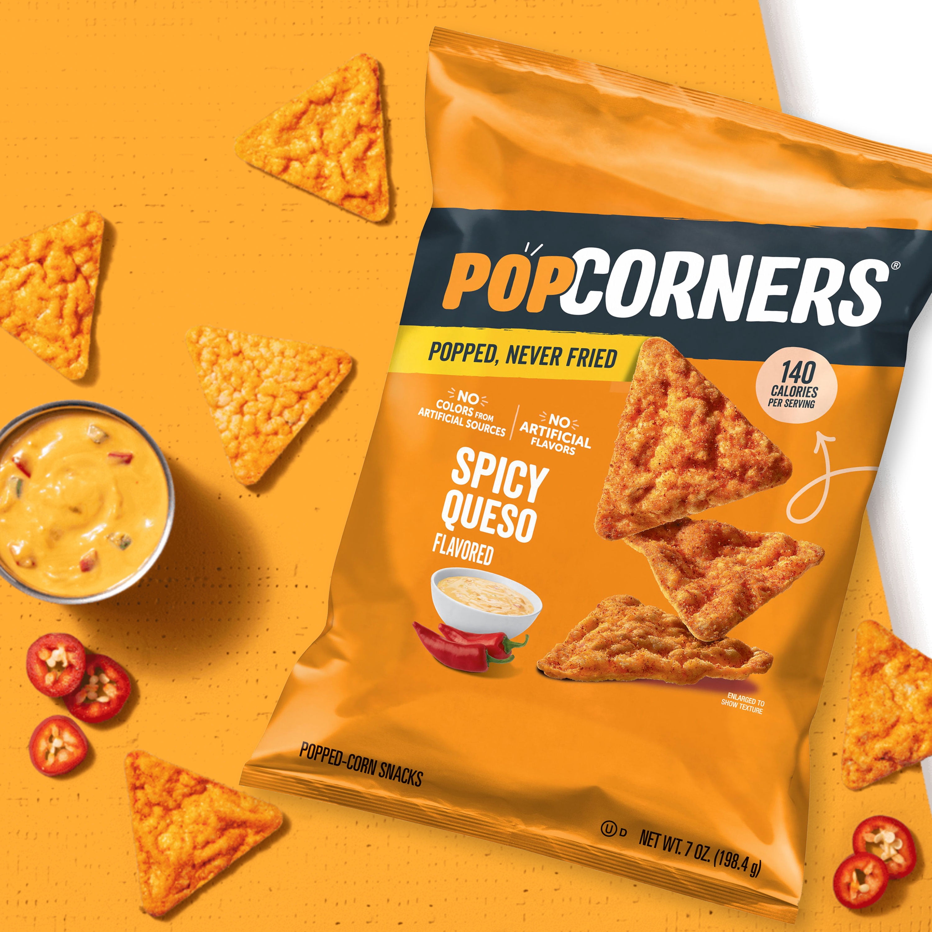 (3 pack) PopCorners No Artificial Colors or Flavors Spicy Queso Popped Corn Chips Bag, 7 oz​