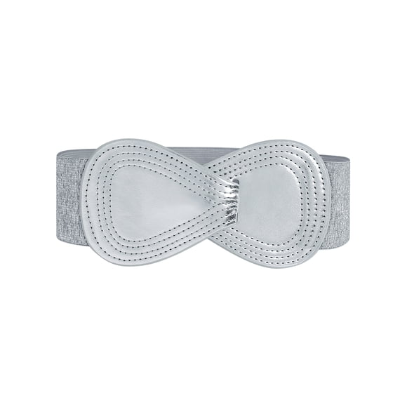 INSPIRE CHIC Interlock Buckle 8-shaped Faux Leather Elastic Belt Cinch Waistband for Lady Fit Waist Girth:25"/63.5cm-37"/94cm Metallic Silver