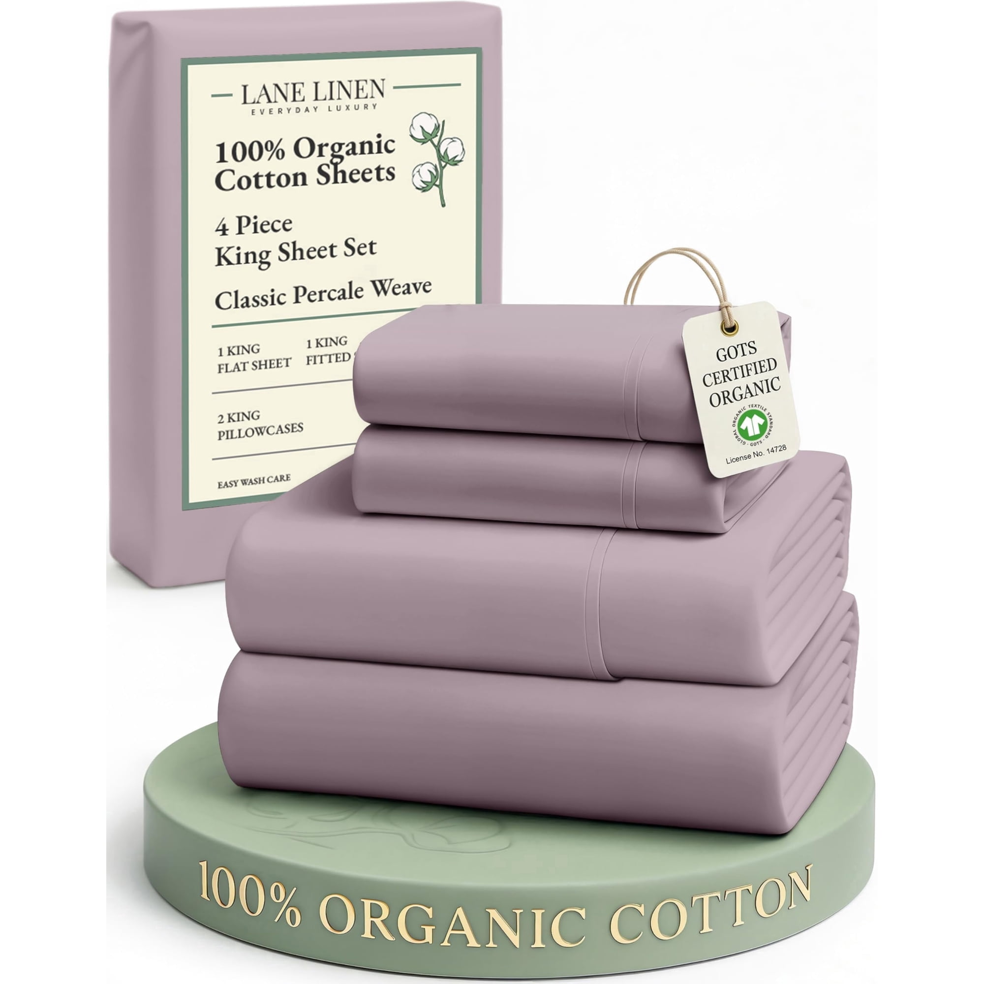 LANE LINEN King 100% Organic Cotton Sheet Set - Cool & Crisp Percale 14 Deep Pocket GOTS Certified Hotel-Style Bedding - Lilac