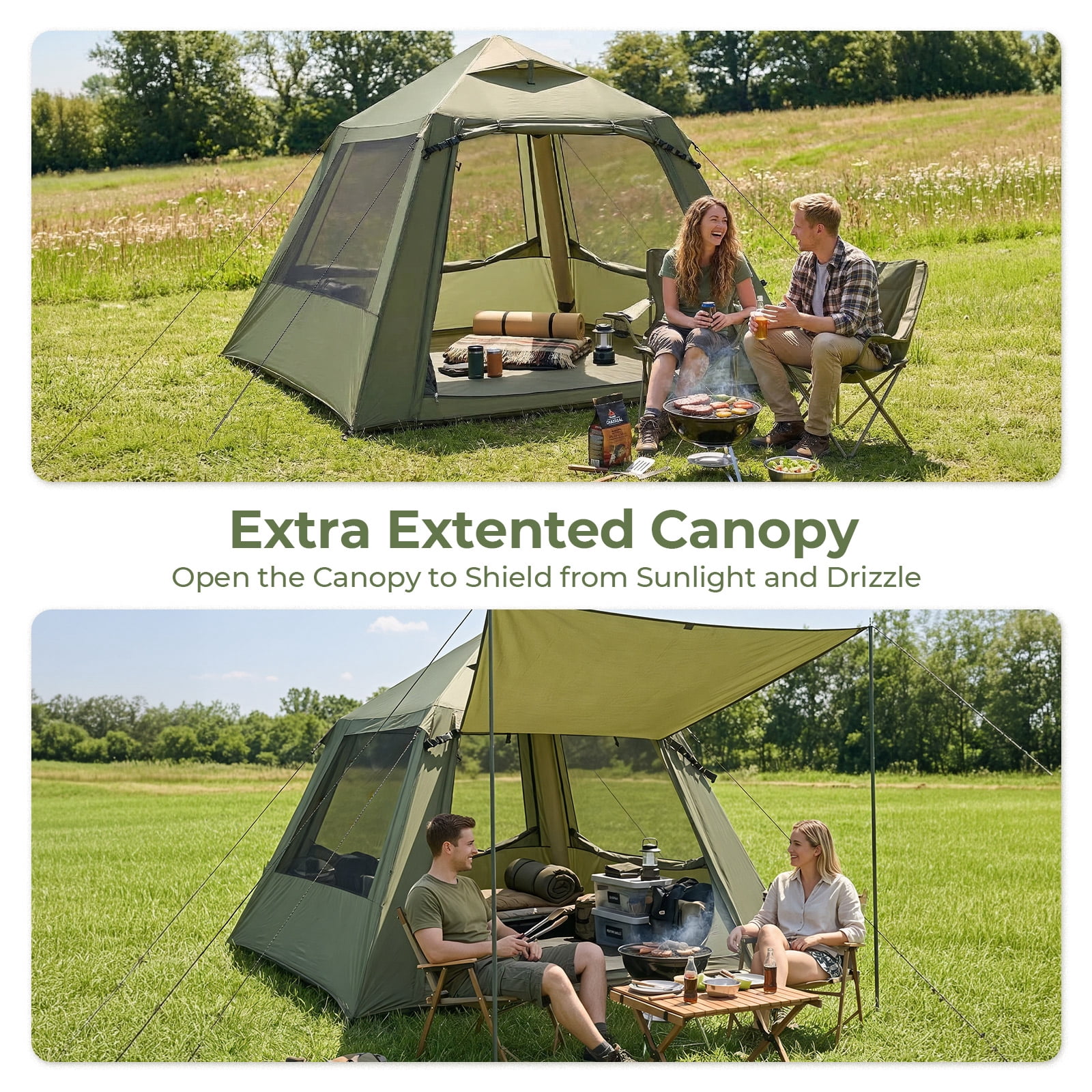 UBesGoo 2-4 People Inflatable Tent with Hand Pump for Camping, Easy Setup Air Glamping Tents with Extra Canopy, Camping Tent for Family, Green
