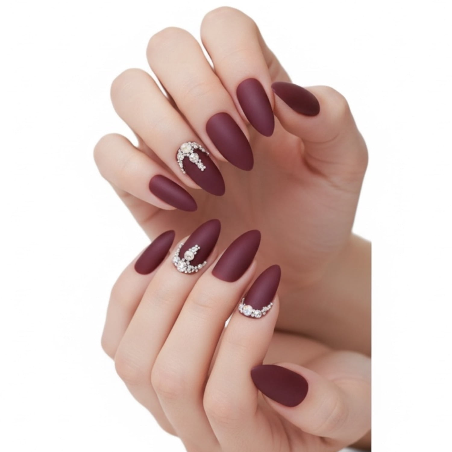 Matte Dark Red Burgundy 3D Crystal Press On Nails, Long Stiletto Fake Nails, Prestige Passion