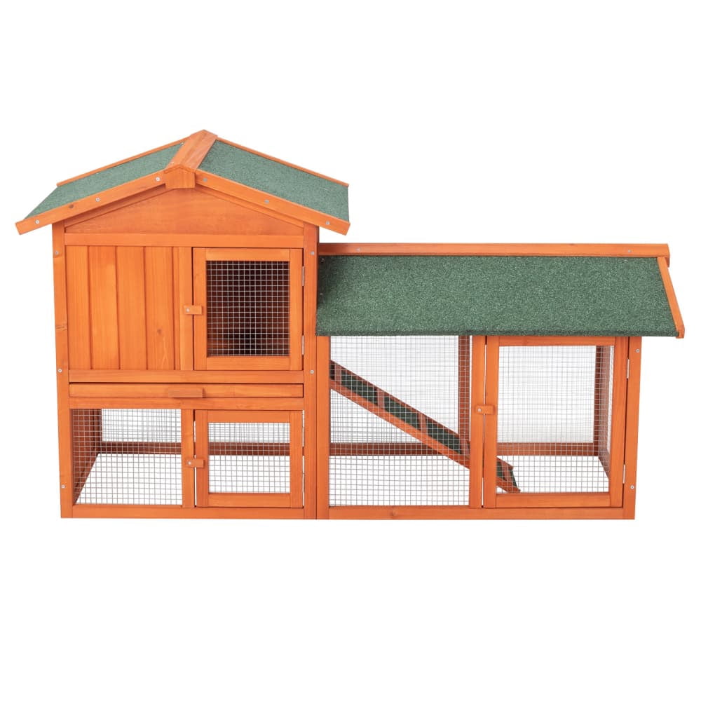 Hassch 2-Story Rabbit Hutch with Run, Outdoor Bunny House, Small Animal Cage with Roof and Door for Guinea Pigs, Ducks, Chicken, Wood Color