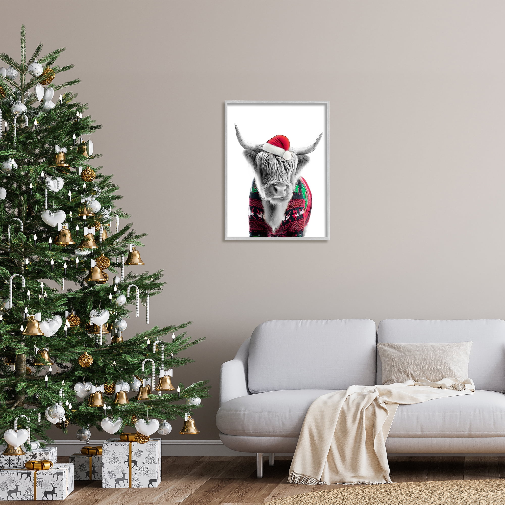 Stupell Industries Cow in Christmas Sweater Holiday Painting Gray Framed Art Print Wall Art, 24 x 30