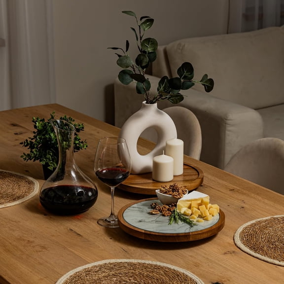 , 12" Premium Acacia Wood Lazy Susan Turntable for Table Top with Removable Marble Texture Glass Plate, Wooden Lazy Susan for Dining Table Centerpiece & Kitchen Countertop