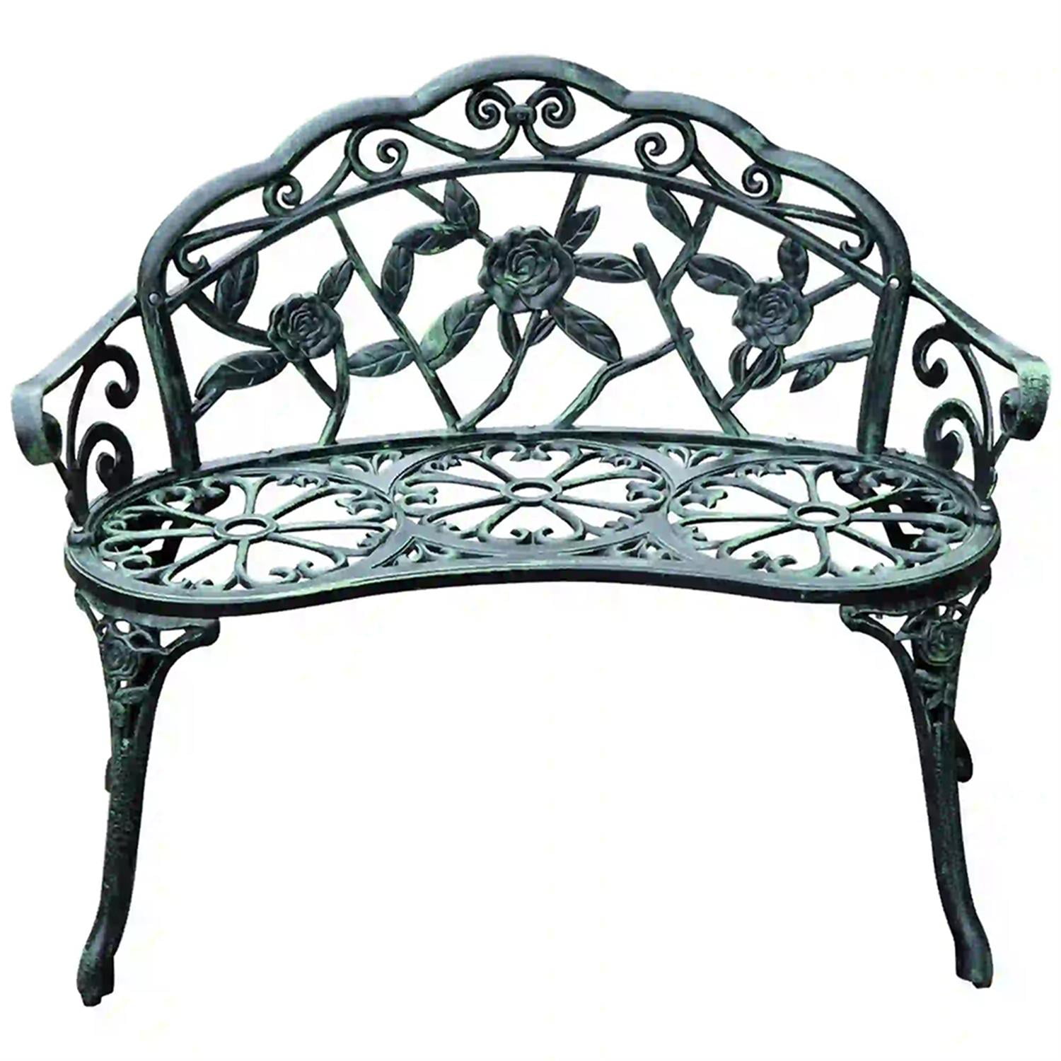 Demi Bonn Patio Garden Bench Metal Park Bench Cast Aluminum Outdoor Benches Furniture with Floral Rose & Antique Finish for Patio, Park, Lawn, Yard, Green