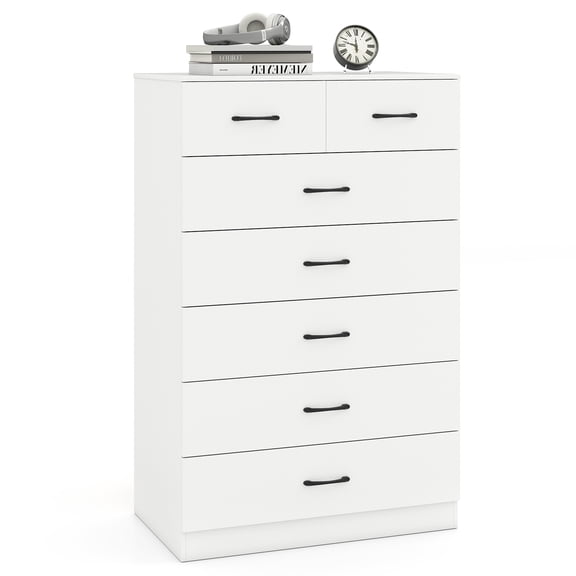 Gymax 7 Drawers Dresser Wooden Chest of Drawers w/ Metal Handles Guide Rails White