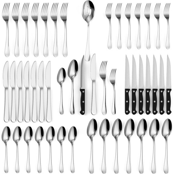 49 Piece Silverware Set - Service for 8 - Stainless Steel Flatware serving set - Cutlery Set - Knife, Fork, and Spoon - Kitchen Utensils set - Dishwasher Safe - Stunning Polished Finish