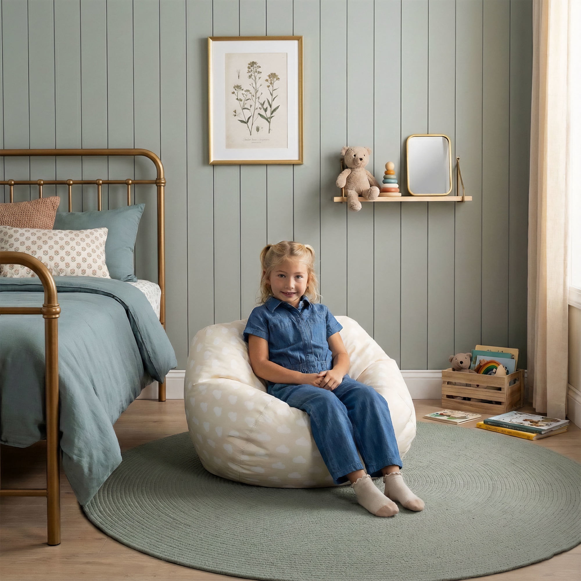Big Joe Classic Kids Bean Bag Chair, 2 ft Round, Mini Clouds Oat, Easy-Clean SmartMax Fabric, Refillable with Built-in Handle