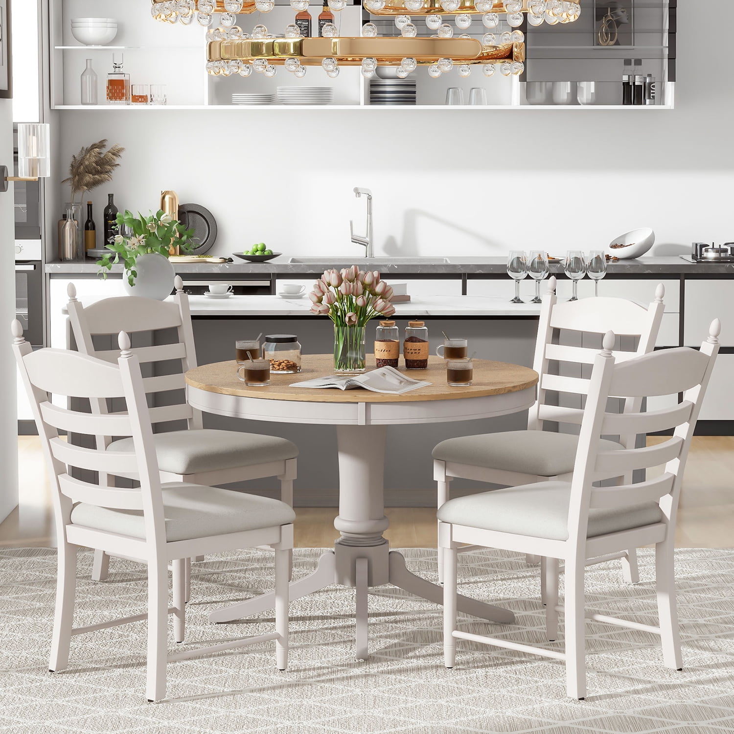 Kadyn 5-Piece Dining Table Set, Dining Table Set for 4, Extendable Dining Table and 4 Upholstered Dining Chairs, Off White