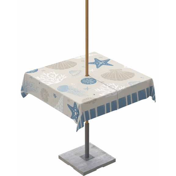 Boanket Outdoor Tablecloth with Umbrella Hole for Patio/Picnic/Party/Camping, Light Blue Coastal Waterproof Table Cloth Square Cover Washable, Vintage Ocean Nautical Starfish Coral Striped 54"x 54"