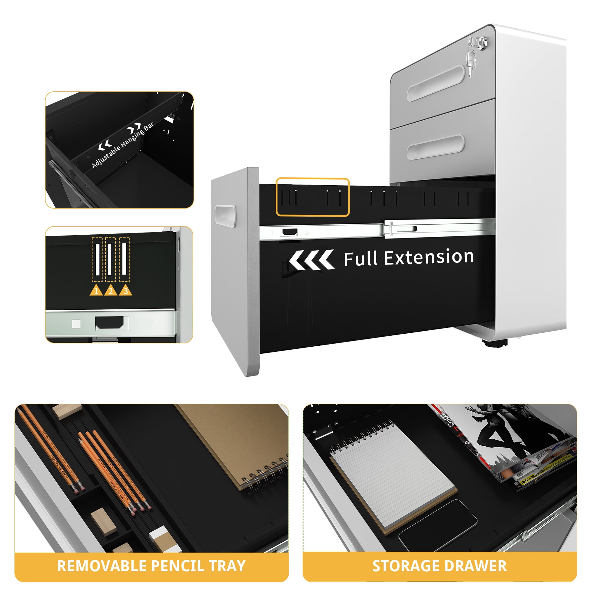Uforic 3-Drawer Vertical File Cabinet Compact Metal Filing Storage Organizer for Home Office
