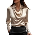 thumbnail image 3 of Women's Satin Cowl Neck Long Sleeve Blouse Elegant Silky Formal Office Top for Work, Business Champagne M, 3 of 6