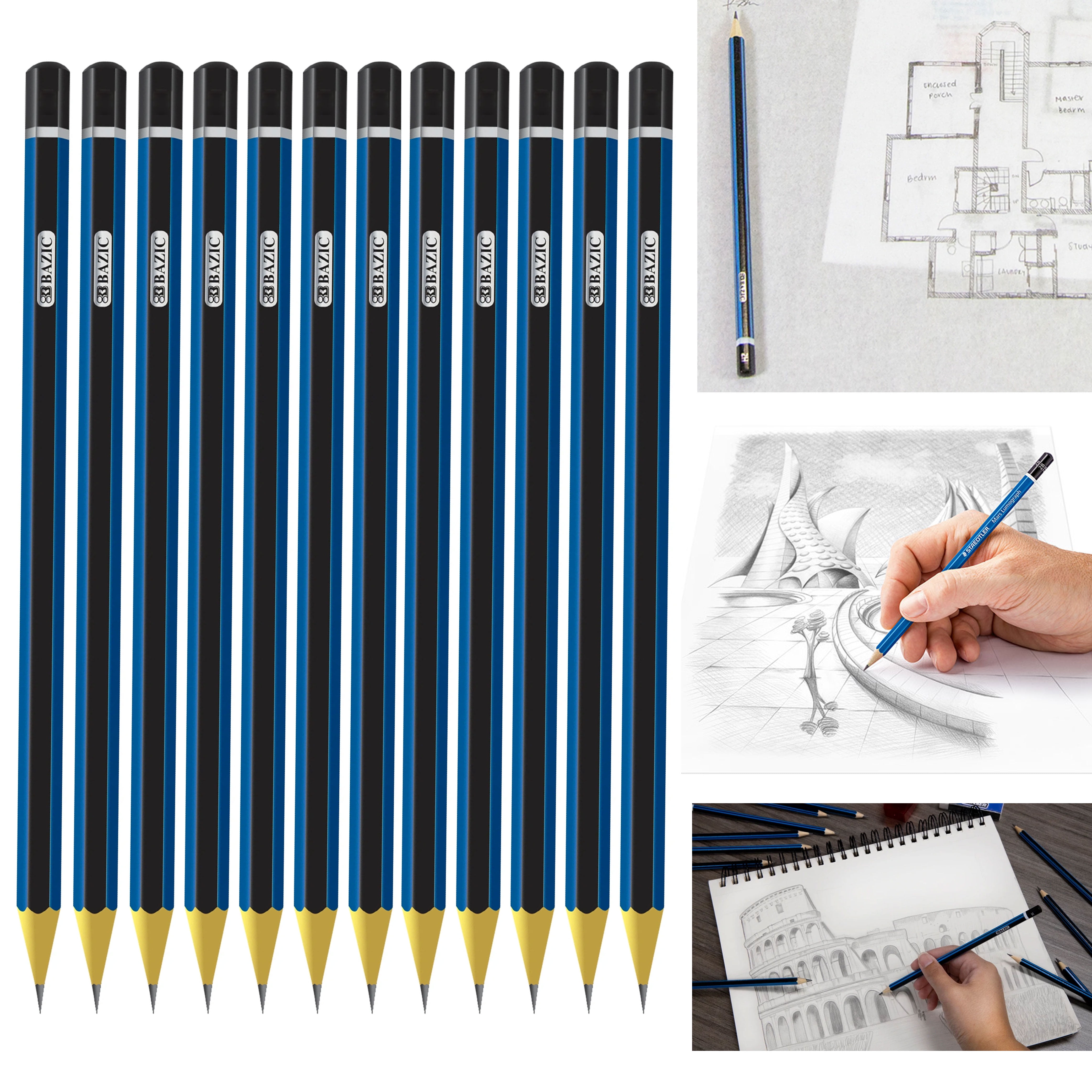 12 Sketching Artist Pencils Drawing Soft Hard Assorted Graphite Graded 6B to 6H
