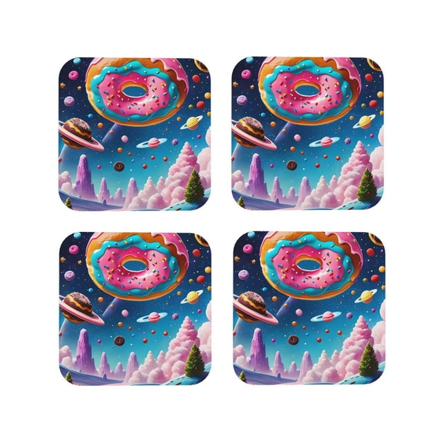 Vsdgher Colorful Donut Print Leather Coasters for Drinks, Durable Drink Coasters 4 Set for Tabletop Protection, Luxurious Home Décor and Housewarming Gift-Square