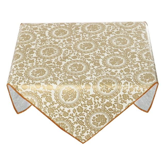 Unique Bargains Waterproof Vinyl Square 24' x 24' Tablecloth Flower Print Gold Tone