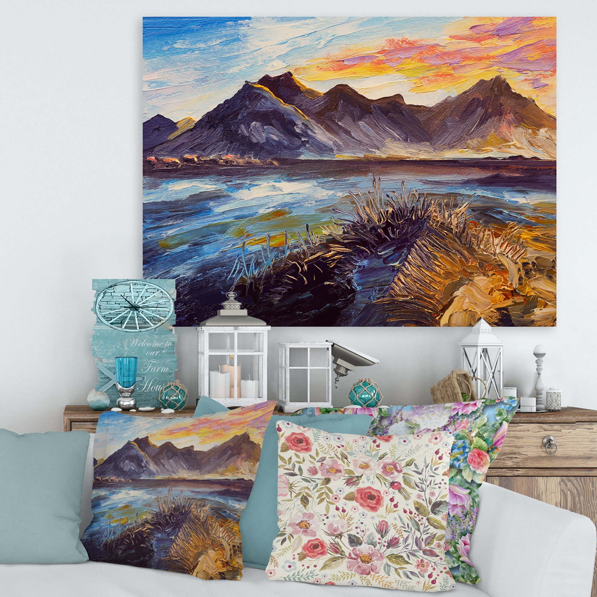 Designart ' Impression Pink Sunset Over The Mountains By The Sea ' Nautical & Coastal Canvas Wall Art Print