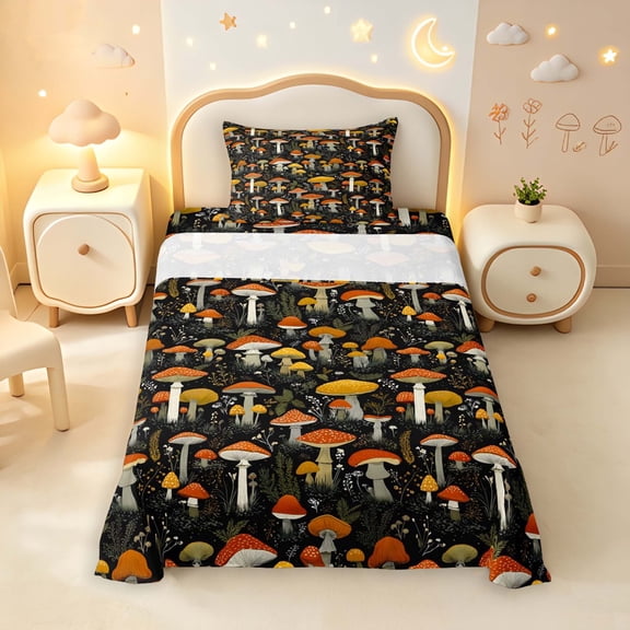 Homewish Botanical Mushrooms Twin Sheets,Vintage Botanical Fungi Bedding,Red Yellow,3-Piece,1 Flat Sheet,1 Fitted Sheet and 1 Pillowcase