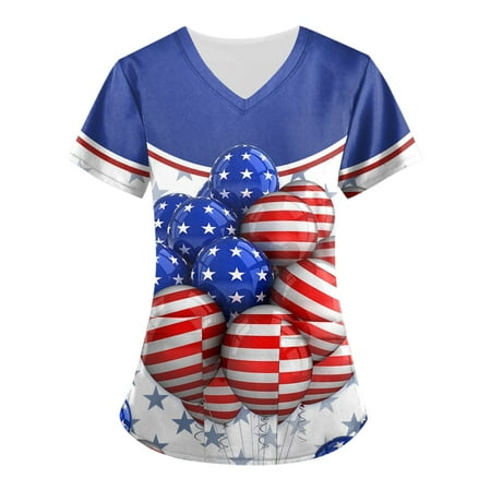 

Sksloeg Womens Scrub Tops 4th Of July American Flag Print Working Uniform Two Pockets Nurse Uniform T Shirt V-Neck Short Sleeve Tee Independence Day Royal Blue M