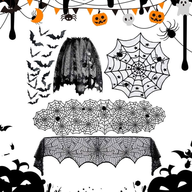 Mantel Decorativo Likrtyny Encaje Con Telaraña Y Calavera Halloween Bufanda Negra Suministros para Fiestas
