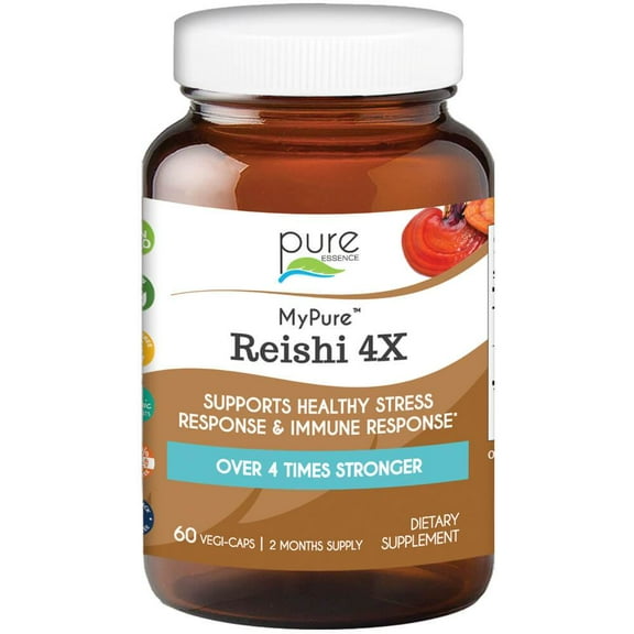 MyPure Reishi 4X Organic Mushroom Supplement by Pure Essence - 100% Real Mushroom Extract for Immune System Support, Combat Stress, Build Energy - 60 Capsules