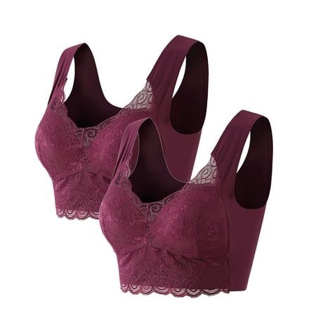 ATOYSOY Women s 2 Pack Plus Size Everyday Bra Slim Basic Tank Tops Lace Splicing Small Cup Wirefree Bralette Underwear Push Up Comfort Bra Clearance Teens Breathable Purple M