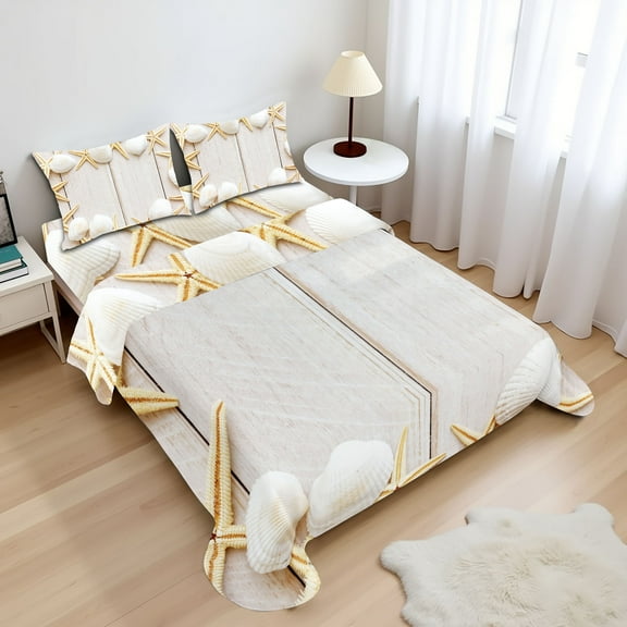 Ambesonne Seashell Fitted & Top Sheet Set with Shams, Rustic Wooden Backdrop, Cream and Beige