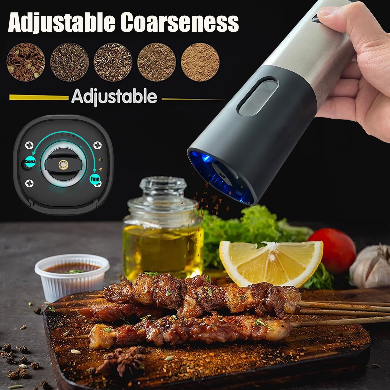 Rechargeable Electric Salt and Pepper Grinder Sets with Charging Base, DERGUAM Stainless Steel Pepper Grinder with Rechargeable Batteries, Salt Grinder with Adjustable Coarseness and LED Blue Light
