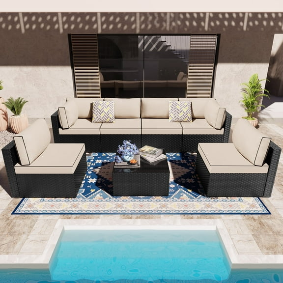 Walsunny 7 Piece Outdoor Patio Conversation Set, Rattan Sectional Sofa Set, All-Weather Outdoor Modern Sectional Furniture Wicker Couch with Glass Coffee Table, for Patio Deck Garden Pool,Khaki