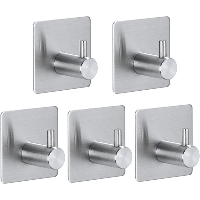 Gancho adhesivo de 5 piezas, gancho para toallas, gancho de pared de baño de acero inoxidable, gancho adhesivo impermeable y a prueba de aceite para cocina, sala de estar y oficina (plata) ACTIVE Biensenido a ACTIVE
