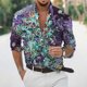 thumbnail image 2 of Camisas Para Hombre Manga Larga Negra Casual Hombres Solapa suelta Estampado geométrico Manga larga Puños Botón Puerto Estilo Floral Camisa Playa Hawaiianss Verano Top (Purple, 3XL), 2 of 3