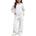 thumbnail image 4 of Vmberlty Kids 2 Piece Tracksuits Girl's Solid Color Fall Winter Outfits Zip Up Hooded Sweatshirts and Cargo Pants Casual Active Sets for 1‑13 Years, 4 of 6