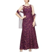 Alex Evenings Long Embroidered Gown with Sweetheart Illusion Neckline and Chiffon Shawl (Womens, Plum, 14)