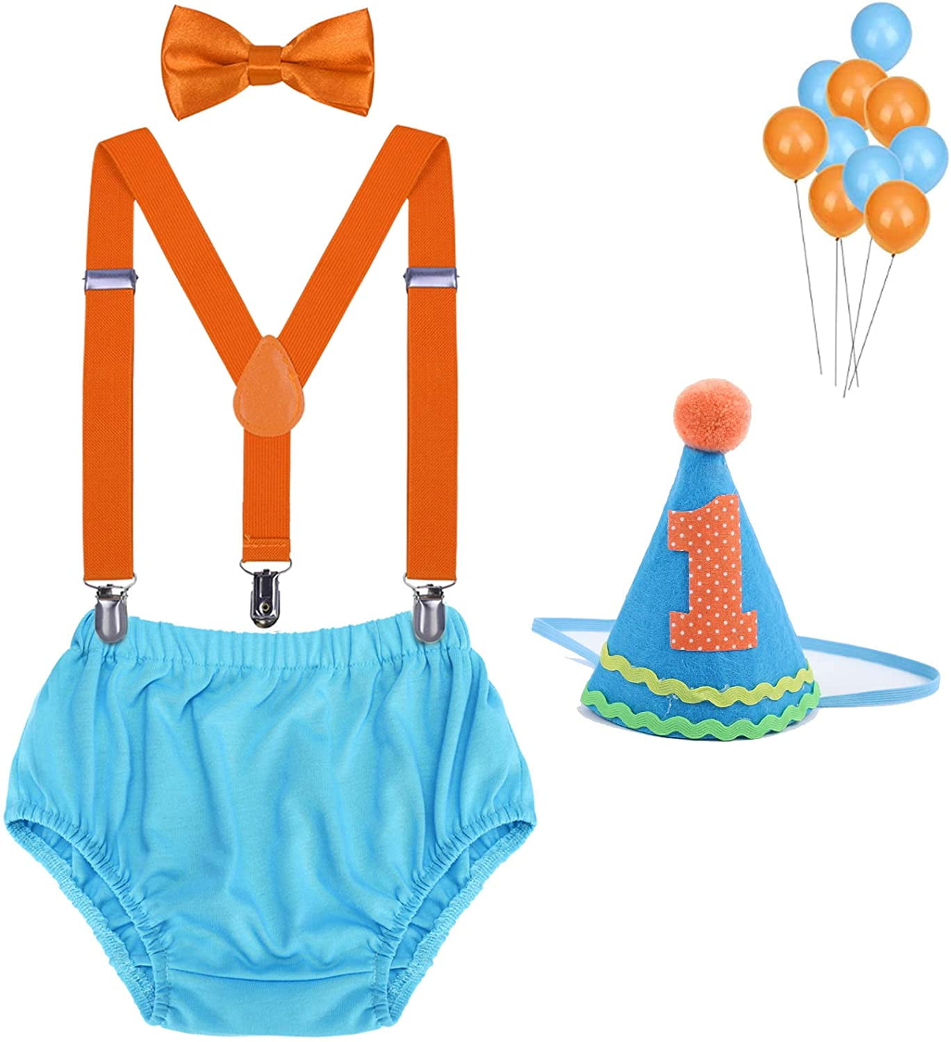 WELROG Baby Boys First Birthday Cake Smash Outfit Bow Tie Suspenders Bloomers Birthday Hat Sparkle Gold Set 
