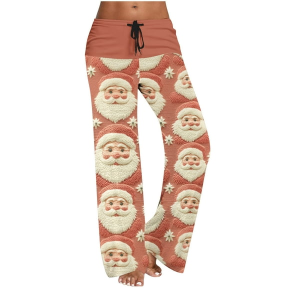 Christmas Lounge Pants For Women Comfy Wide Leg Trouser Casual Mid Rise Drawstring Pants Pink L
