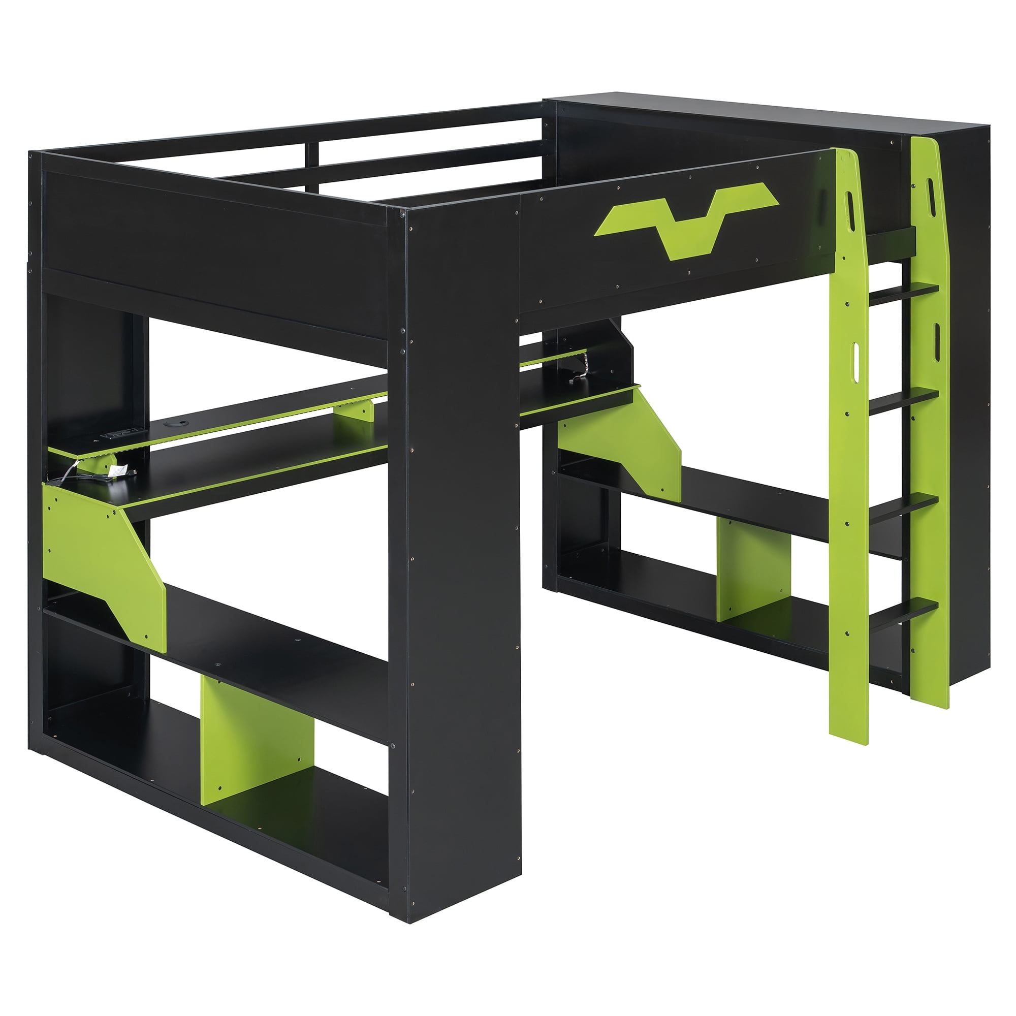 Mintazer Full Size Gaming Loft Bed with RGB LED Lights, Power Outlets and Dual Side Storage Shelves, Black & Green